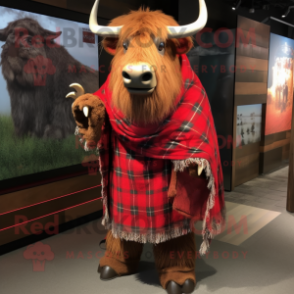 Red Buffalo mascot costume character dressed with a Flannel Shirt and Shawls