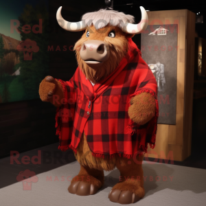 Red Buffalo mascot costume character dressed with a Flannel Shirt and Shawls