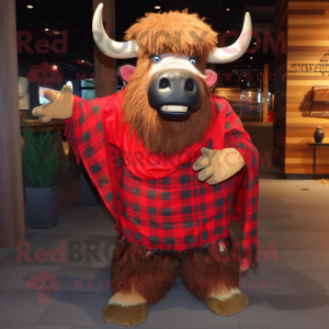 Red Buffalo mascot costume character dressed with a Flannel Shirt and Shawls