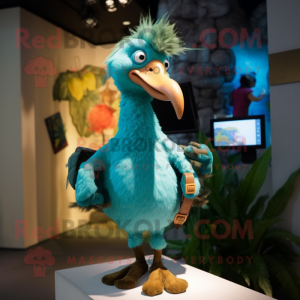 Turquoise Dodo Bird mascot costume character dressed with a Chinos and Brooches