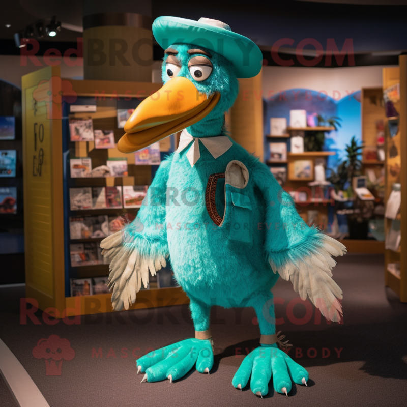 Turquoise Dodo Bird mascot costume character dressed with a Chinos and Brooches