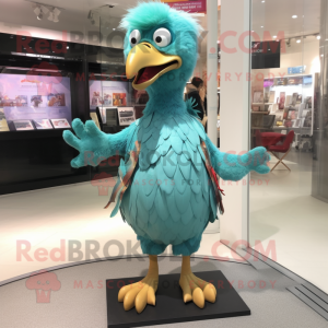 Turquoise Dodo Bird mascot costume character dressed with a Chinos and Brooches