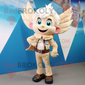 Beige Tooth Fairy mascot costume character dressed with a Leather Jacket and Scarves