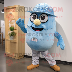 Sky Blue Potato mascot costume character dressed with a Chambray Shirt and Watches