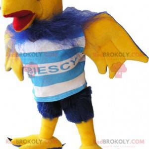 Mascote pássaro abutre peludo azul e amarelo - Redbrokoly.com