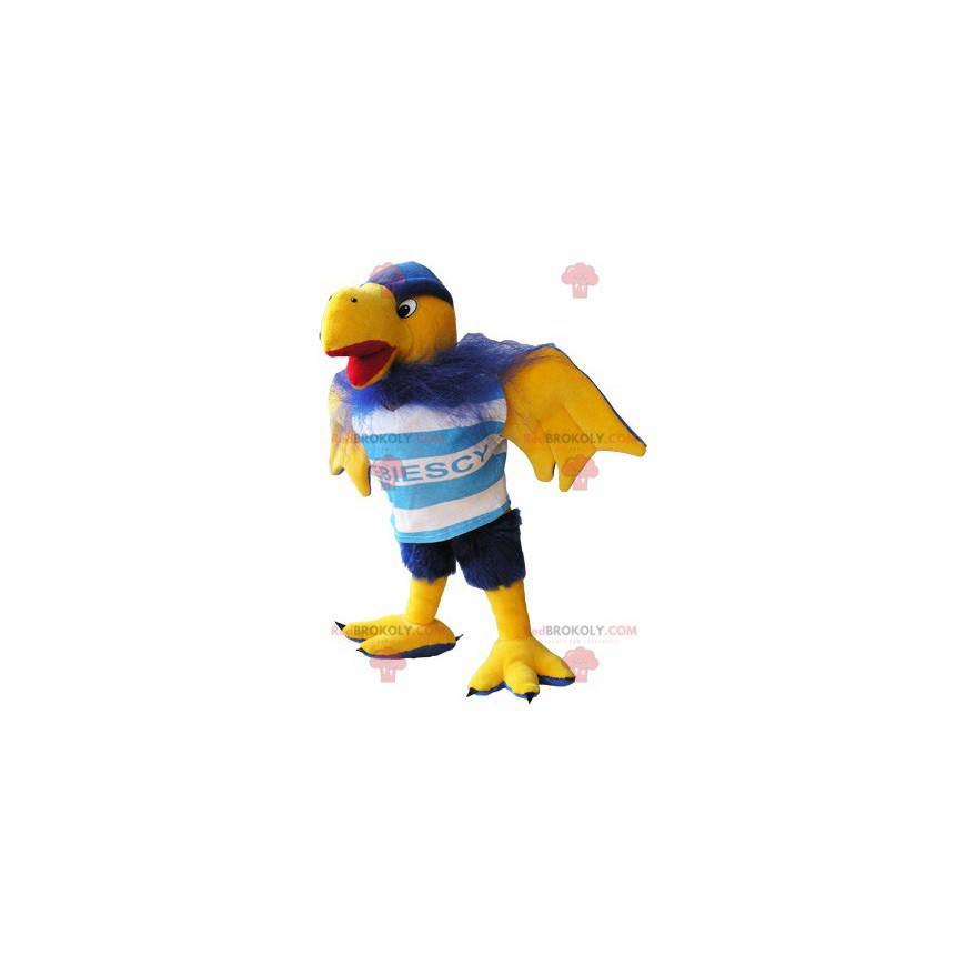Mascota de pájaro buitre azul y amarillo peludo - Redbrokoly.com