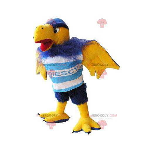 Mascote pássaro abutre peludo azul e amarelo - Redbrokoly.com