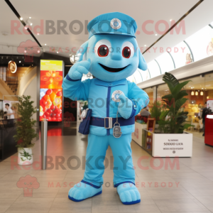 Sky Blue Fire Fighter mascot costume character dressed with a Dungarees and Digital watches
