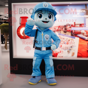 Sky Blue Fire Fighter mascot costume character dressed with a Dungarees and Digital watches