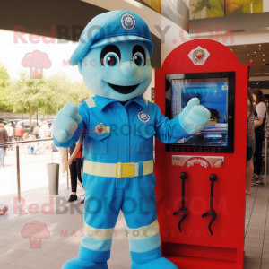 Sky Blue Fire Fighter mascot costume character dressed with a Dungarees and Digital watches