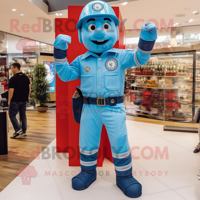 Sky Blue Fire Fighter mascot costume character dressed with a Dungarees and Digital watches