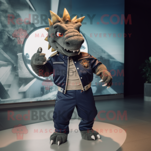 Navy Stegosaurus mascot costume character dressed with a Bomber Jacket and Ties