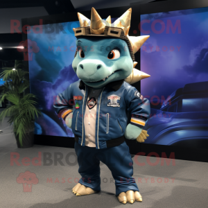 Navy Stegosaurus mascot costume character dressed with a Bomber Jacket and Ties