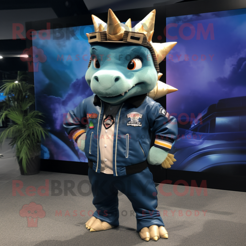 Navy Stegosaurus mascot costume character dressed with a Bomber Jacket and Ties Navy Stegosaurus mascot costume character dressed with a Bomber Jacket and Ties