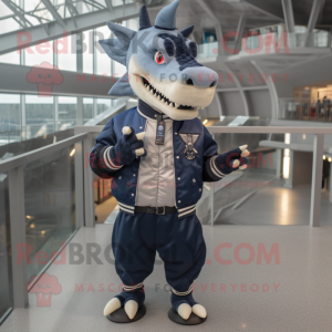 Navy Stegosaurus mascot costume character dressed with a Bomber Jacket and Ties