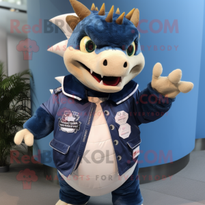 Navy Stegosaurus mascot costume character dressed with a Bomber Jacket and Ties