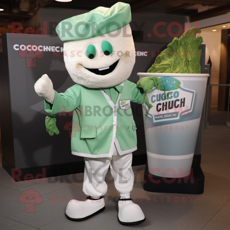 Green Clam Chowder mascot costume character dressed with a Jumpsuit and Pocket squares Green Clam Chowder mascot costume character dressed with a Jumpsuit and Pocket squares