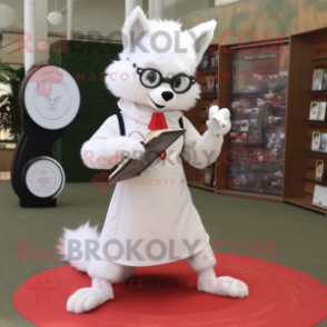 White Fox mascot costume character dressed with a Circle Skirt and Reading glasses