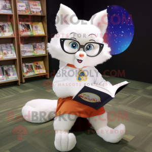 White Fox mascot costume character dressed with a Circle Skirt and Reading glasses