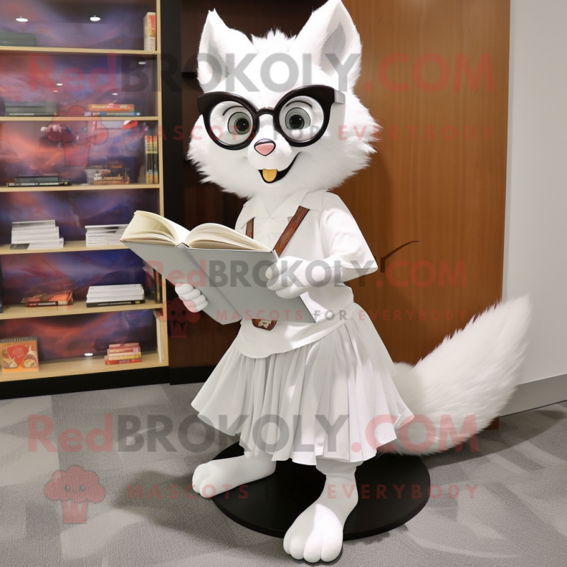 White Fox mascot costume character dressed with a Circle Skirt and Reading glasses