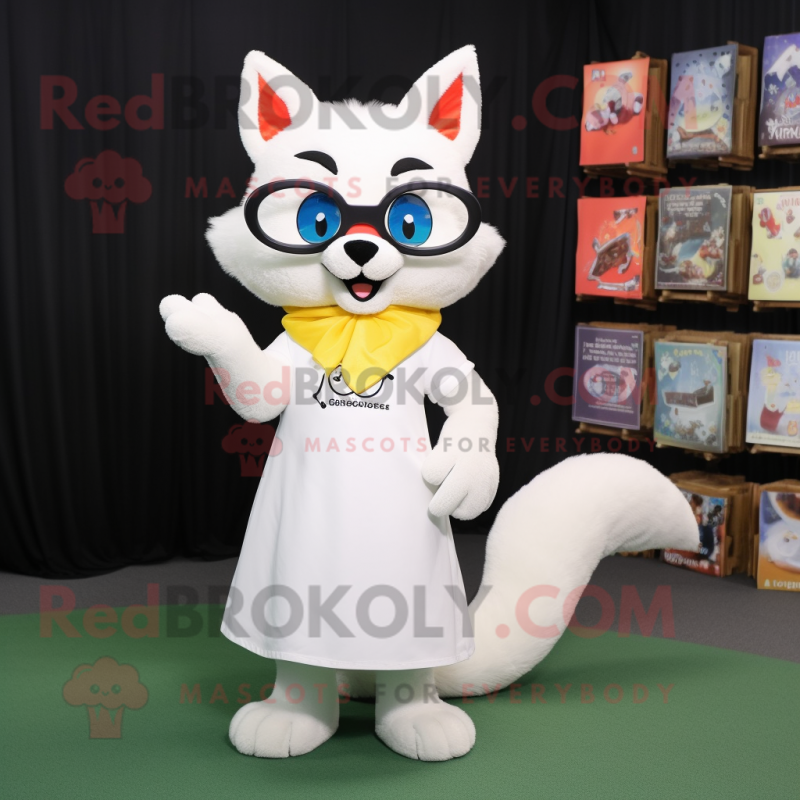 White Fox mascot costume character dressed with a Circle Skirt and Reading glasses