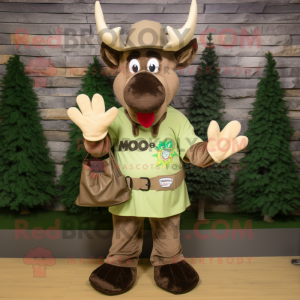 Olive Moose mascot costume character dressed with a Jeans and Gloves