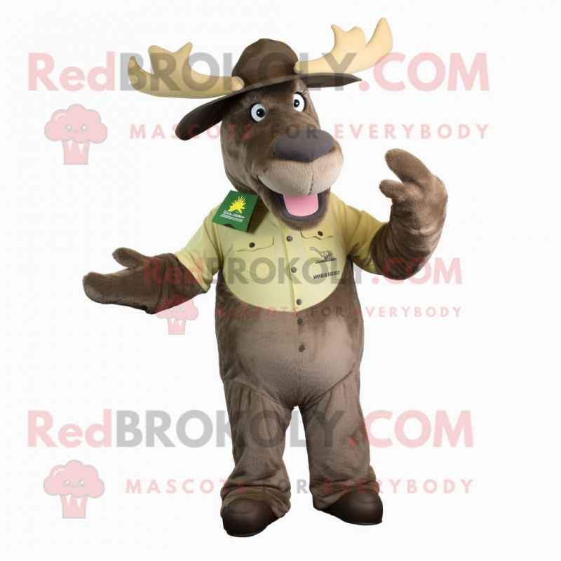 Olive Moose mascot costume character dressed with a Jeans and Gloves Olive Moose mascot costume character dressed with a Jeans and Gloves