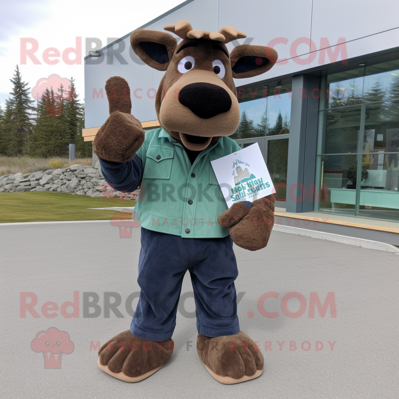 Olive Moose mascot costume character dressed with a Jeans and Gloves