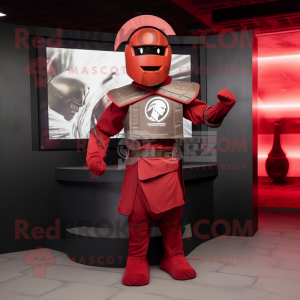 Red Spartan Soldier mascot costume character dressed with a Bomber Jacket and Scarves