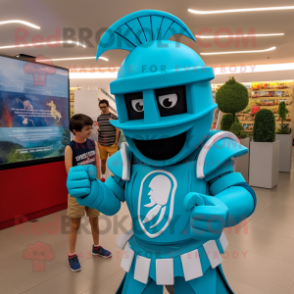 Turquoise Spartan Soldier mascot costume character dressed with a Playsuit and Caps