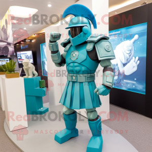 Turquoise Spartan Soldier mascot costume character dressed with a Playsuit and Caps