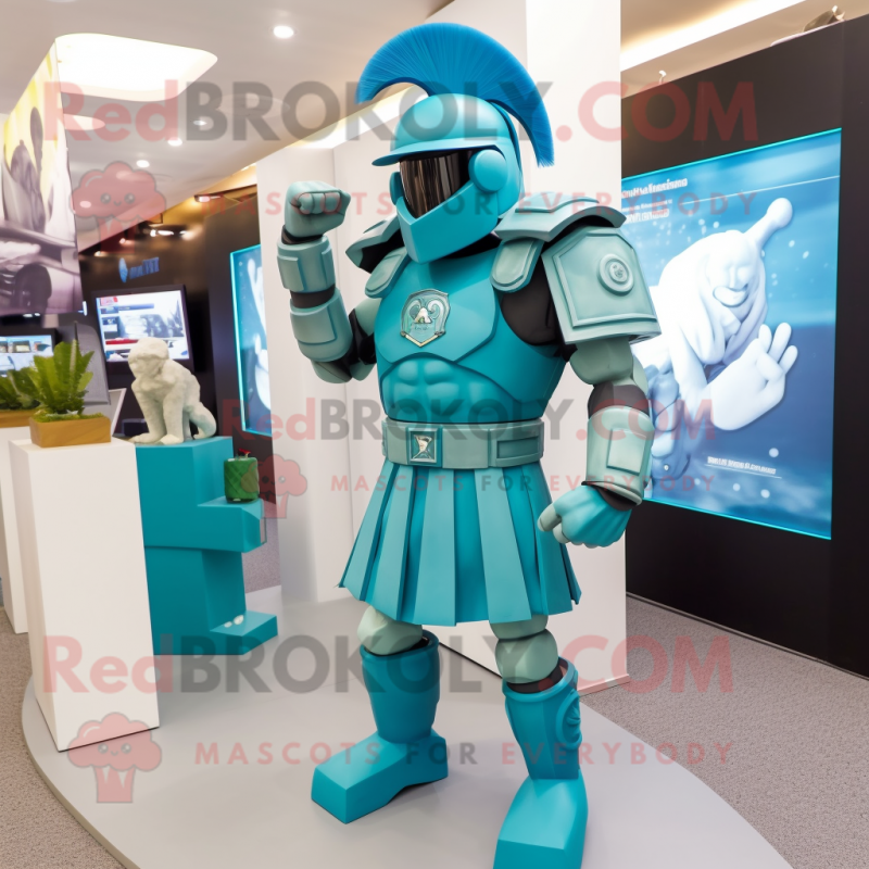 Turquoise Spartan Soldier mascot costume character dressed with a Playsuit and Caps Turquoise Spartan Soldier mascot costume character dressed with a Playsuit and Caps