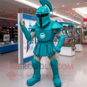 Turquoise Spartan Soldier mascot costume character dressed with a Playsuit and Caps