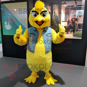 Lemon Yellow Tandoori Chicken mascot costume character dressed with a Boyfriend Jeans and Bracelet watches