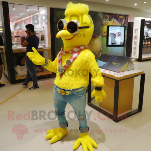 Lemon Yellow Tandoori Chicken mascot costume character dressed with a Boyfriend Jeans and Bracelet watches