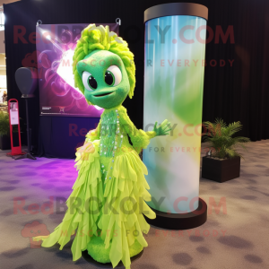 Lime Green Betta Fish mascot costume character dressed with a Evening Gown and Bracelets