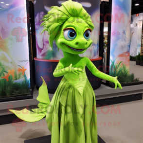 Lime Green Betta Fish mascot costume character dressed with a Evening Gown and Bracelets
