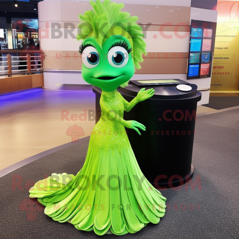 Lime Green Betta Fish mascot costume character dressed with a Evening Gown and Bracelets