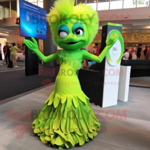 Lime Green Betta Fish mascot costume character dressed with a Evening Gown and Bracelets