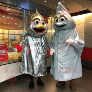 Silver Fish And Chips mascot costume character dressed with a Raincoat and Cummerbunds