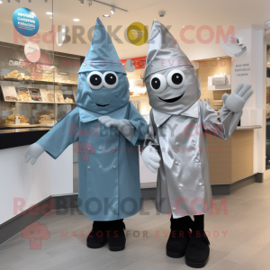 Silver Fish And Chips mascot costume character dressed with a Raincoat and Cummerbunds