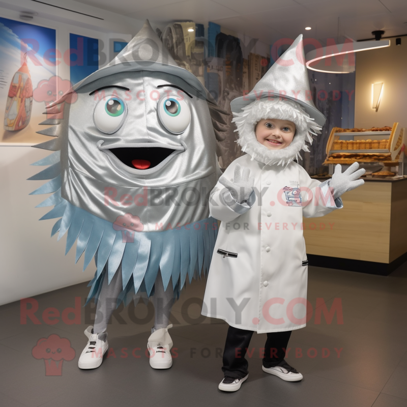 Silver Fish And Chips mascot costume character dressed with a Raincoat and Cummerbunds