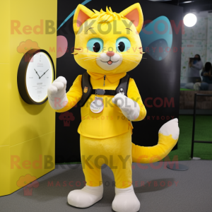 Lemon Yellow Cat mascot costume character dressed with a Vest and Smartwatches
