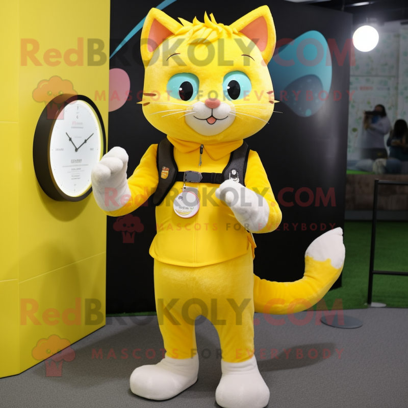 Lemon Yellow Cat mascot costume character dressed with a Vest and Smartwatches Lemon Yellow Cat mascot costume character dressed with a Vest and Smartwatches