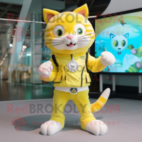 Lemon Yellow Cat mascot costume character dressed with a Vest and Smartwatches