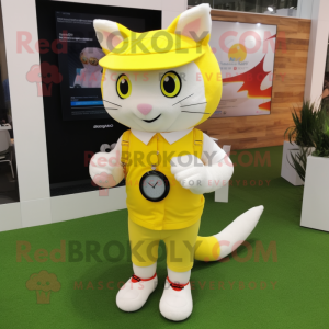Lemon Yellow Cat mascot costume character dressed with a Vest and Smartwatches