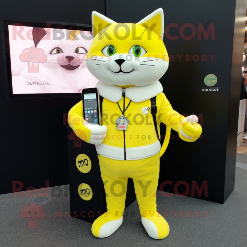 Lemon Yellow Cat mascot costume character dressed with a Vest and Smartwatches