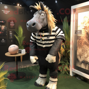 Black Quagga mascot costume character dressed with a Rugby Shirt and Lapel pins