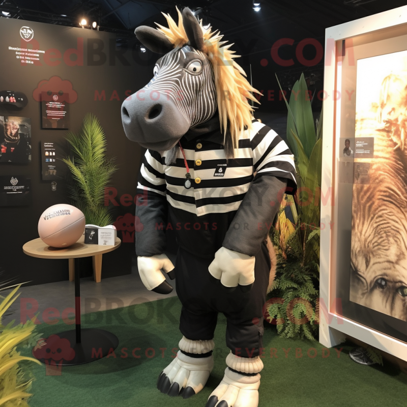 Black Quagga mascot costume character dressed with a Rugby Shirt and Lapel pins Black Quagga mascot costume character dressed with a Rugby Shirt and Lapel pins