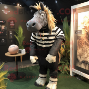 Black Quagga mascot costume character dressed with a Rugby Shirt and Lapel pins